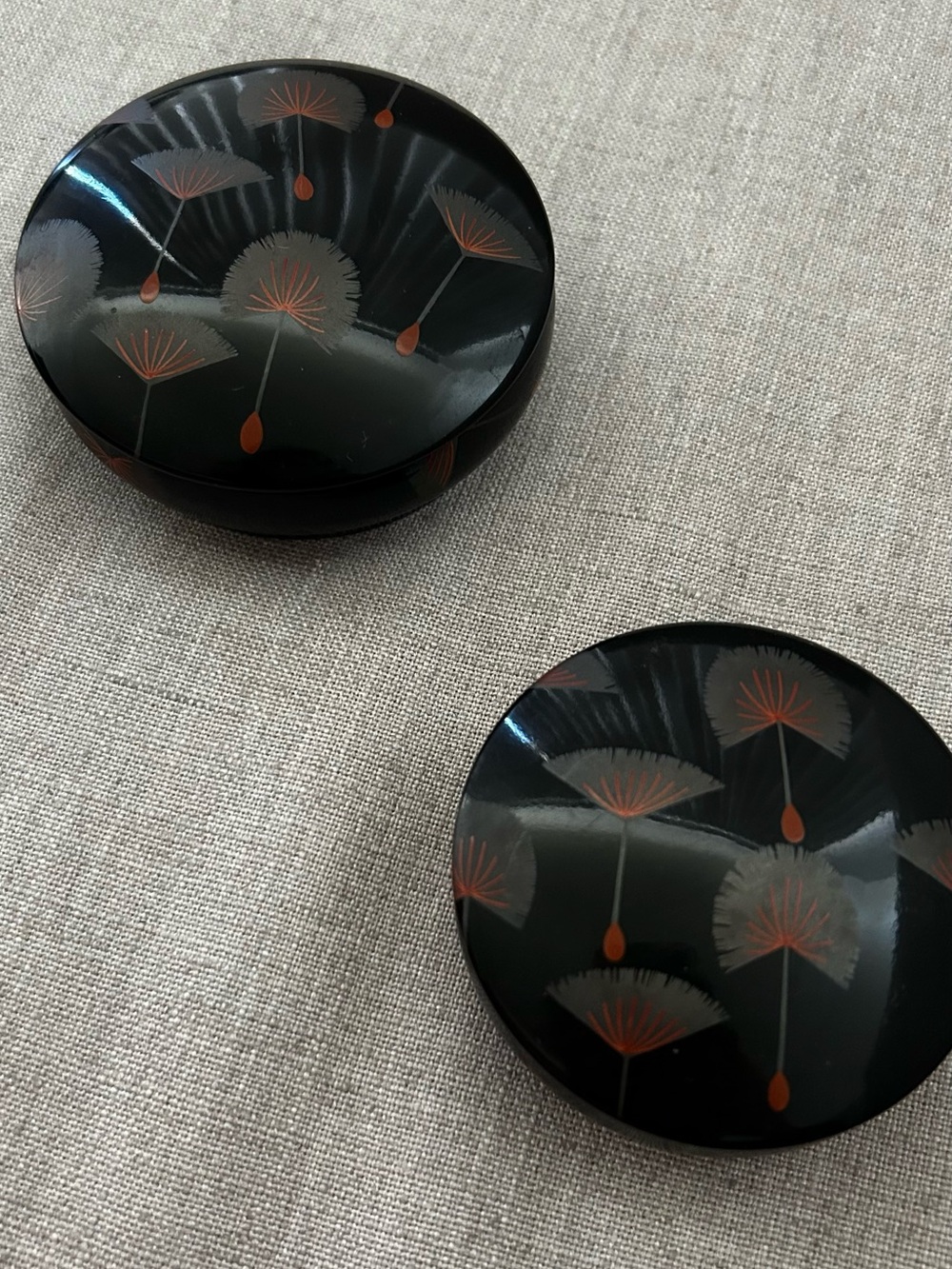 Vintage Japanese Black Fan Design Plastic Trinket Box Set of Two